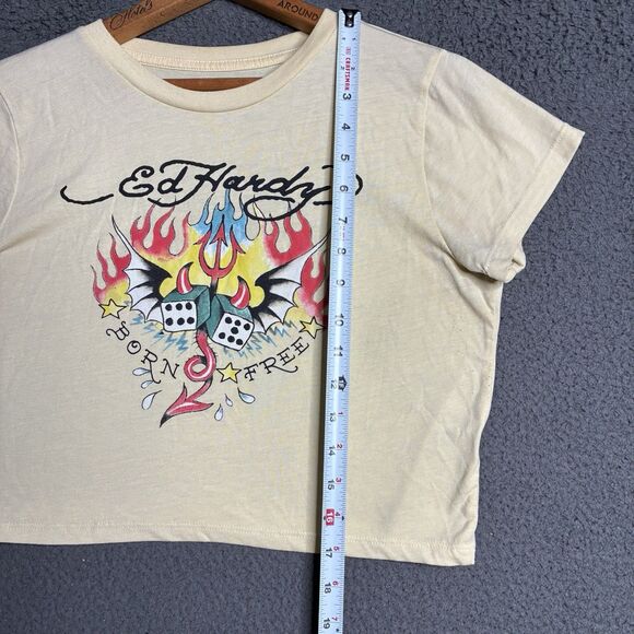 Y2K Ed Hardy Yellow Graphic T Shirt Cropped Top Womens Large - Picture 10 of 11